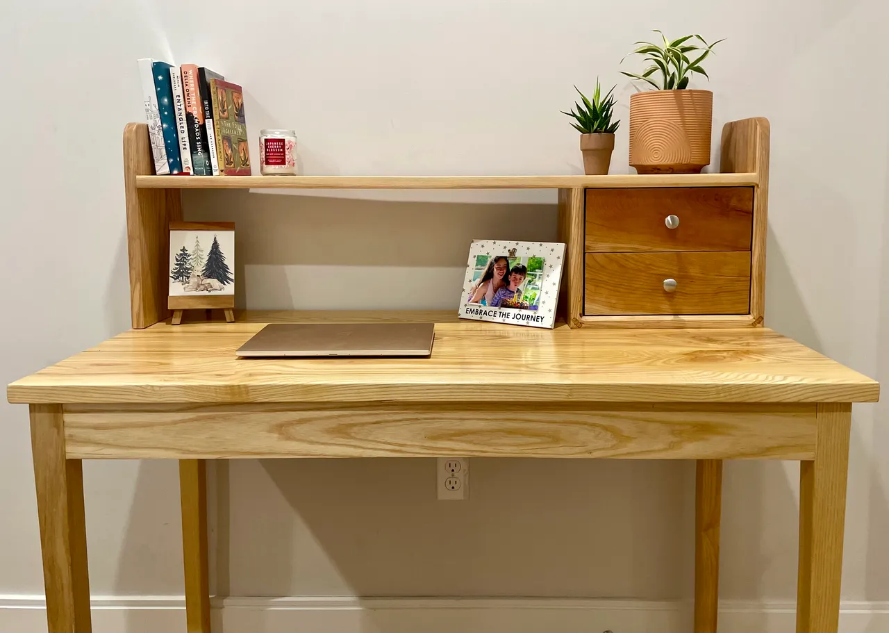 Hardwood desk with a hutch of shelves and two drawers