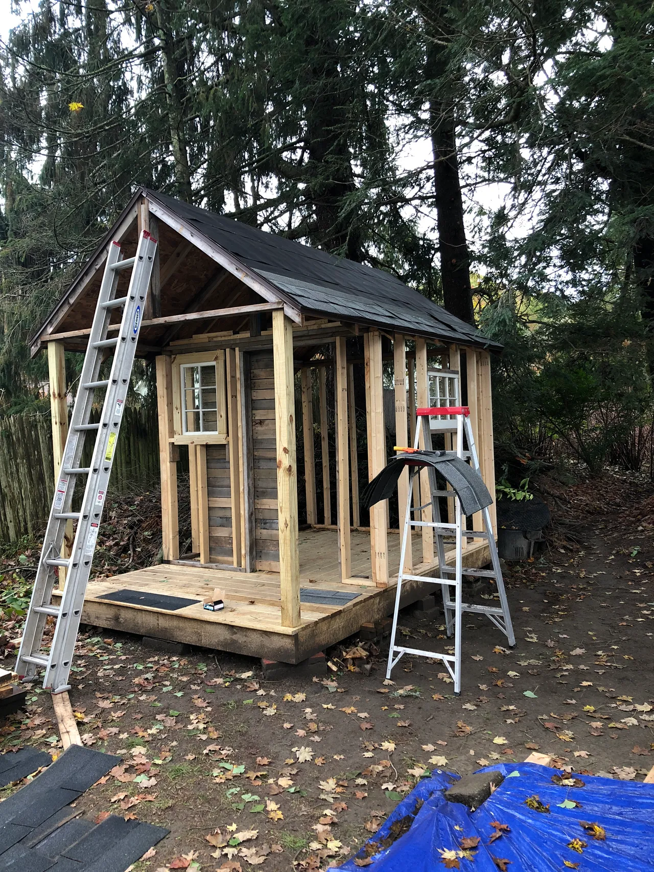 Small cabin with a porch during construction