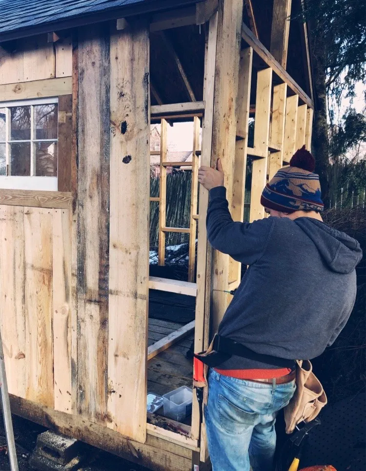 Carpenter installing reclaimed boards on a cabin wall
